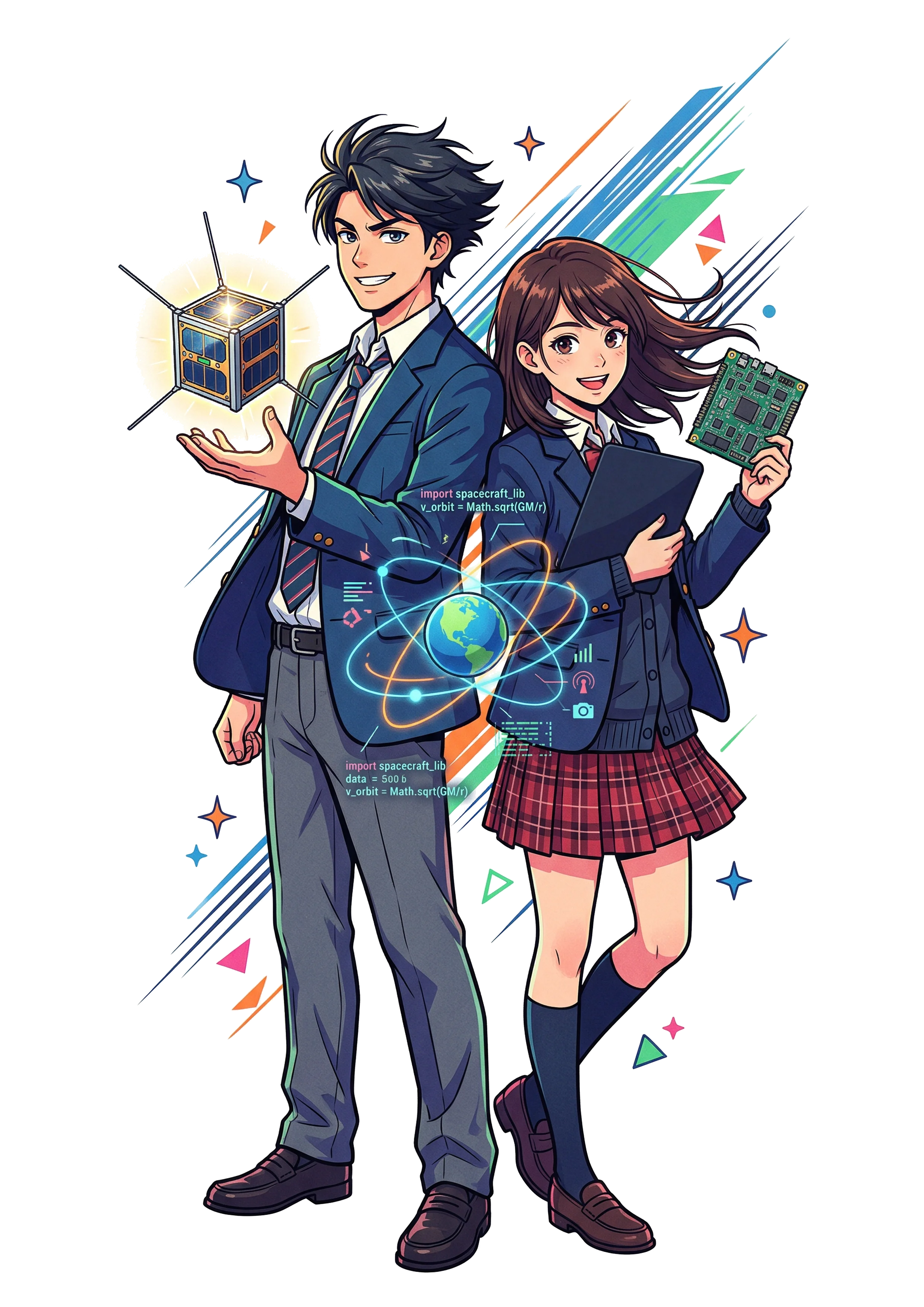 キューブサットを持つ高校生たち